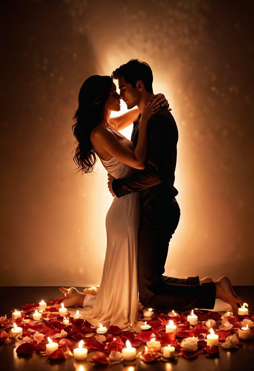 A passionate couple intertwined in a candle-lit setting, embodying intimacy and connection. Soft, warm lighting creates an inviting atmosphere, with delicate rose petals scattered around them. Their expressions convey deep emotional engagement and desire, surrounded by abstract representations of love and connection. super-realistic. warm tones. intimate atmosphere.