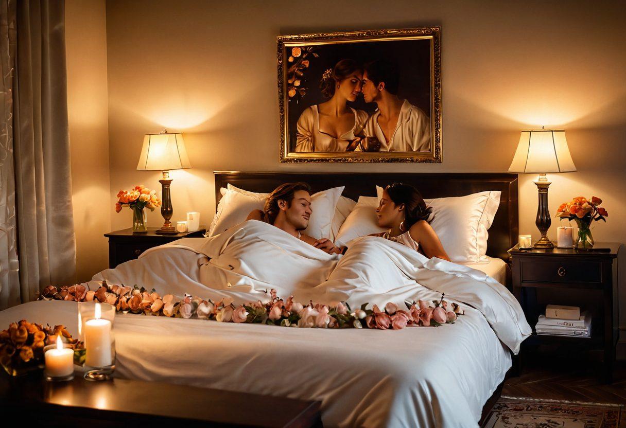 A romantic setting featuring a beautifully lit bedroom with soft candlelight, showcasing two people sharing an intimate moment; delicate flowers and suggestive art on the walls create a warm atmosphere, while a plush bed and silk sheets invite passion. super-realistic. warm tones. soft focus.
