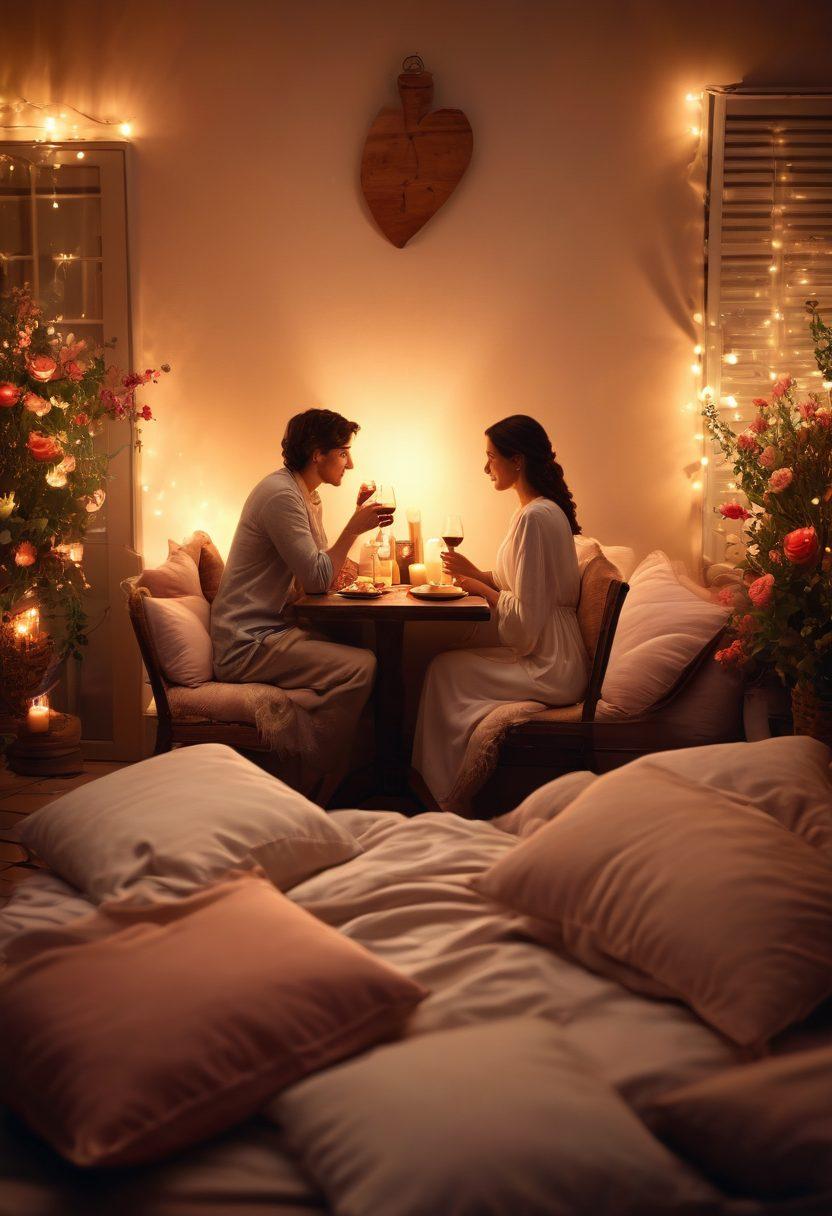 A cozy candlelit room with a couple sharing a romantic dinner, surrounded by soft pillows and flowers. The ambiance suggests intimacy and connection, with warm lighting and gentle touches like holding hands and smiles. Intricate details like a bottle of wine and heart-shaped decorations enhance the romantic feel. super-realistic. warm tones. soft focus.